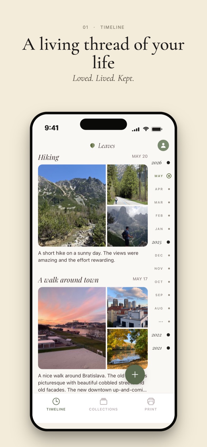 Leaves timeline — a scrollable thread of dated photo journal memories with a year-and-month scrubber