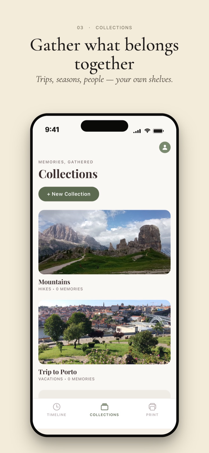 Leaves collections — memories gathered into curated themes like trips and seasons